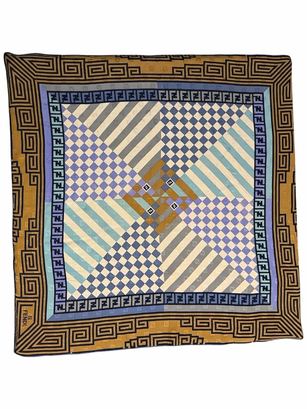 FENDI Vintage Zucca FF Logo Geometric Silk Square Scarf AUTHENTIC